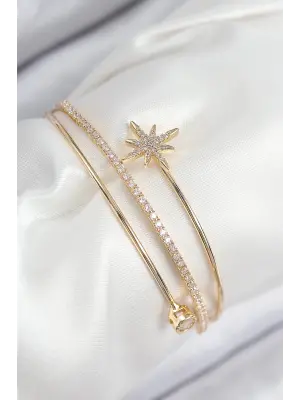 Pirinç Zirkon Taşlı Kutup Yıldızı Model Gold Renk Kadın Bileklik