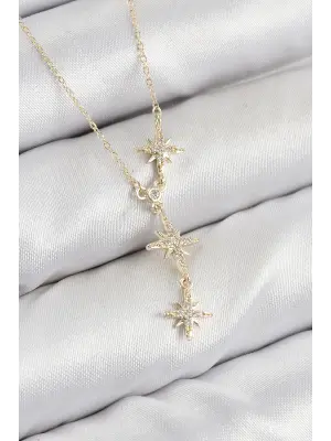 Pirinç Zirkon Taşlı Kutup Yıldızı Model Gold Renk Kadın Kolye