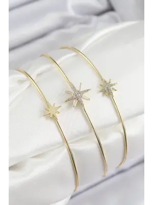 Pirinç Zirkon Taşlı Kutup Yıldızı Model Gold Renk Vip 3lü Kadın Bileklik