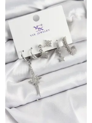 Pirinç Zİrkon Taşlı Kutup Yıldızı Model Gümüş Renk 3lü Çift Kadın Küpe