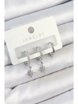 Pirinç Zirkon Taşlı Kutup Yıldızı Model Gümüş Renk 3lü Çift Kadın Küpe Set