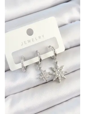 Pirinç Zirkon Taşlı Kutup Yıldızı Model Gümüş Renk 3lü Çift Kadın Küpe Set
