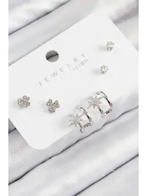 Pirinç Zirkon Taşlı Kutup Yıldızı Model Gümüş Renk 925 Ayar Gümüş Çivi Kadın Küpe Set