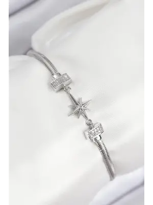 Pirinç Zirkon Taşlı Kutup Yıldızı Model Gümüş Renk Kadın Bileklik