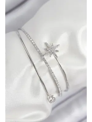 Pirinç Zirkon Taşlı Kutup Yıldızı Model Gümüş Renk Kadın Bileklik