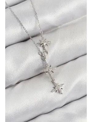 Pirinç Zirkon Taşlı Kutup Yıldızı Model Gümüş Renk Kadın Kolye