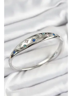 Pirinç Zirkon Taşlı Kutup Yıldızı Ve Hilal Model Gümüş Renk Kadın Kelepçe