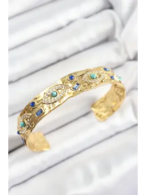 Pirinç Zirkon Taşlı Mavi Boncuklu Göz Model Gold Renk Altı Açık Kadın Bileklik