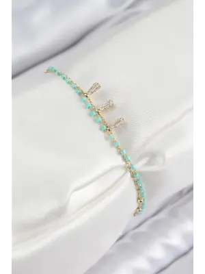 Pirinç Zirkon Taşlı Mavi Boncuklu Model Gold Renk Kadın Bileklik