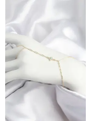 Pirinç Zirkon Taşlı Mavi Boncuklu Yonca Model Gold Renk Şahmeran