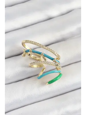Pirinç Zirkon Taşlı Mavi Yeşil Sıkıştırma Sağ Kıkırdak Gold Renk Kadın Küpe