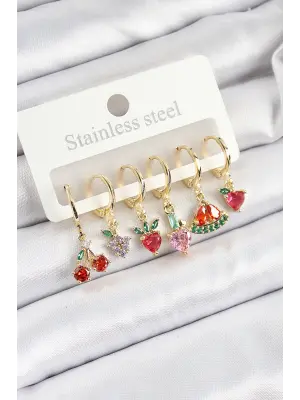 Pirinç Zirkon Taşlı Meyve Temalı Karışık Model Gold Renk 6lı Set Kadın Küpe