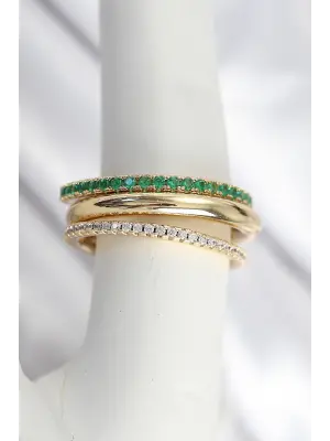 Pirinç Zirkon Taşlı Mix Renk 3Lü Kadın Yüzük