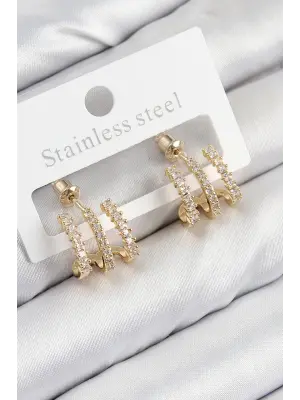 Pirinç Zirkon Taşlı Model Gold Renk Kadın Küpe