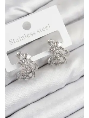 Pirinç Zirkon Taşlı Model Gümüş Renk Kadın Küpe