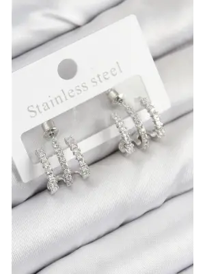 Pirinç Zirkon Taşlı Model Gümüş Renk Kadın Küpe