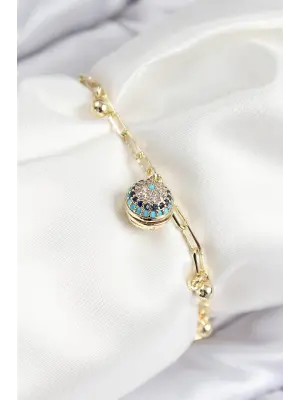 Pirinç Zirkon Taşlı Nazar Boncuğu Model Gold Renk Kadın Bileklik