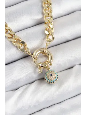 Pirinç Zirkon Taşlı Nazar Boncuk Detaylı Klasik Zincir Model Gold Renk Kadın Kolye