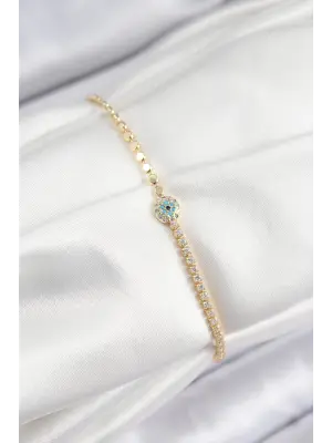 Pirinç Zirkon Taşlı Nazar Model Ezme Zincir Gold Renk Kadın Bileklik