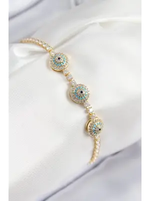 Pirinç Zirkon Taşlı Nazar Model Gold Renk Kadın Bileklik
