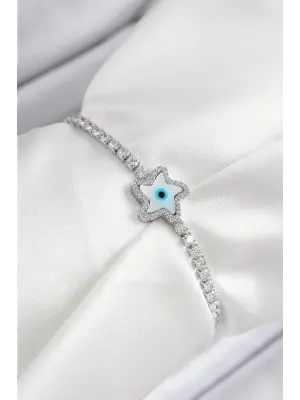 Pirinç Zirkon Taşlı Nazar Yıldız Model Gümüş Renk Asansörlü Kadın Bileklik