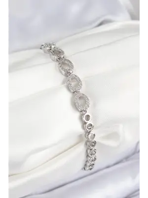 Pirinç Zirkon Taşlı Oval Model Gümüş Renk Kadın Bileklik