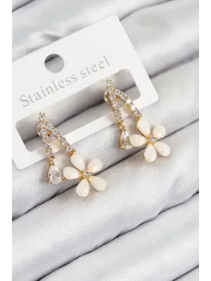 Pirinç Zirkon Taşlı Papatya Model Gold Renk Kadın Küpe