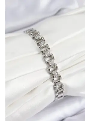 Pirinç Zirkon Taşlı Parçalı Model Gümüş Renk Kadın Bileklik