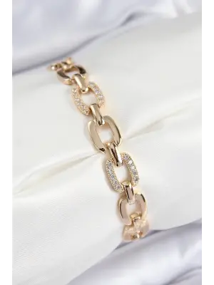 Pirinç Zirkon Taşlı Parçalı Zincir Model Gold Renk Kadın Bileklik