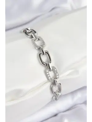 Pirinç Zirkon Taşlı Parçalı Zincir Model Gümüş Renk Kadın Bileklik