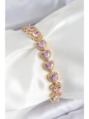 Pirinç Zirkon Taşlı Pembe Kalp Baget Model Gold Renk VIP Seri Kadın Bileklik