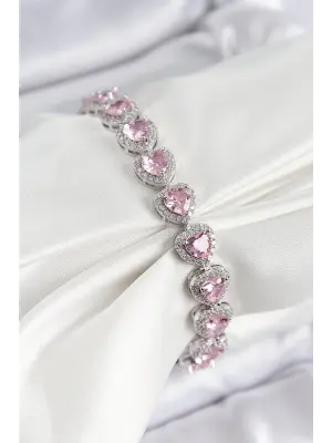 Pirinç Zirkon Taşlı Pembe Kalp Baget Model Gümüş Renk VIP Seri Kadın Bileklik