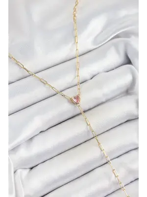 Pirinç Zirkon Taşlı Pembe Kalp Figürlü Y Model Gold Renk Kadın Kolye