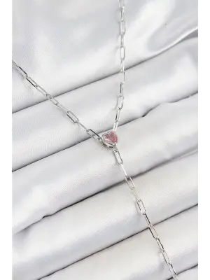 Pirinç Zirkon Taşlı Pembe Kalp Figürlü Y Model Gümüş Renk Kadın Kolye