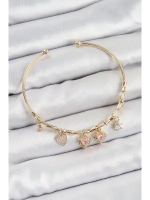 Pirinç Zirkon Taşlı Pembe Kalp Model Gold Renk Charm Bileklik