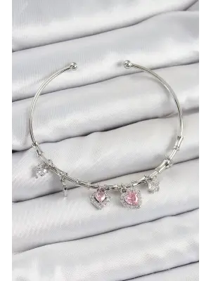 Pirinç Zirkon Taşlı Pembe Kalp Model Gümüş Renk Charm Bileklik