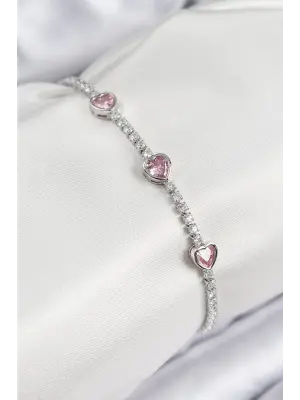 Pirinç Zirkon Taşlı Pembe Kalp Model Gümüş Renk Kadın Bileklik