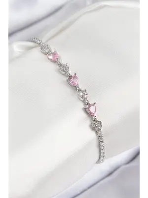 Pirinç Zirkon Taşlı Pembe Kalp Model Gümüş Renk Kadın Bileklik