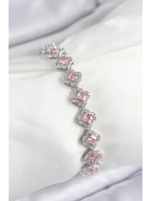 Pirinç Zirkon Taşlı Pembe Yonca Baget Model Gümüş Renk VIP Seri Kadın Bileklik