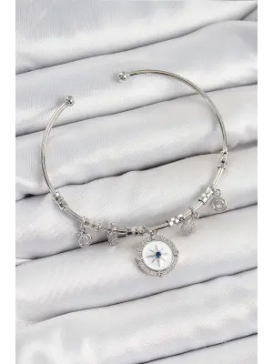 Pirinç Zirkon Taşlı Pusula Model Gümüş Renk Charm Bileklik