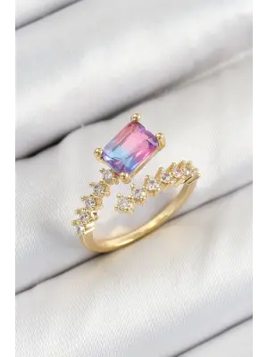 Pirinç Zirkon Taşlı Renkli Model Gold Renk Kadın Yüzük