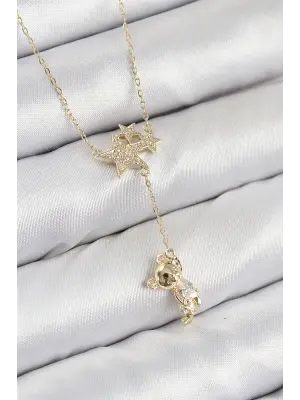 Pirinç Zirkon Taşlı Sallantılı Ayıcıklı Yıldız Model Gold Renk Kadın Kolye