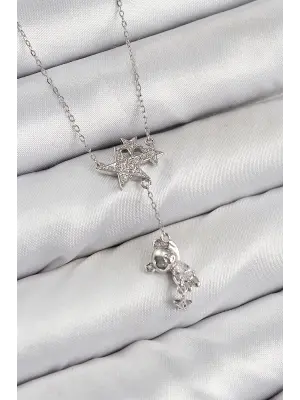 Pirinç Zirkon Taşlı Sallantılı Ayıcıklı Yıldız Model Gümüş Renk Kadın Kolye