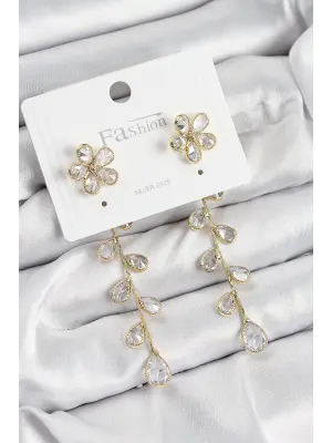 Pirinç Zirkon Taşlı Sallantılı Çiçek Model Gold Renk 925 Ayar Gümüş Çivi Kadın Küpe