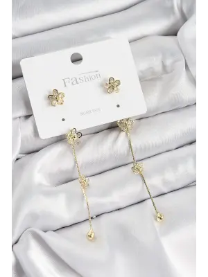 Pirinç Zirkon Taşlı Sallantılı Çiçek Model Gold Renk 925 Ayar Gümüş Çivi Kadın Küpe