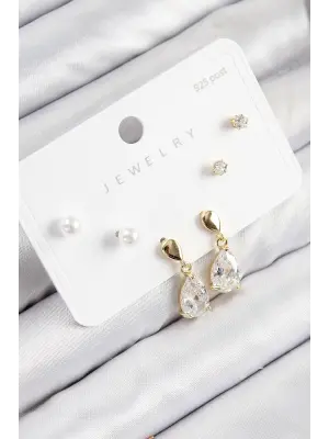 Pirinç Zirkon Taşlı Sallantılı Damla Model Gold Renk 925 Ayar Gümüş Çivi Kadın Küpe Set