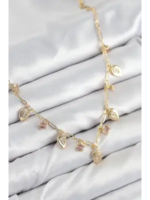 Pirinç Zirkon Taşlı Sallantılı Damla Model Gold Renk Kadın Kolye