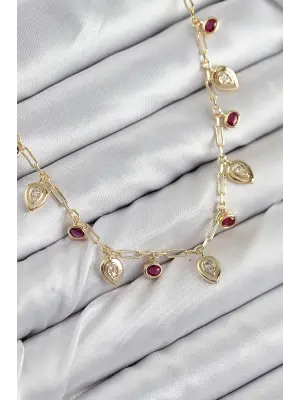 Pirinç Zirkon Taşlı Sallantılı Damla Model Gold Renk Kadın Kolye
