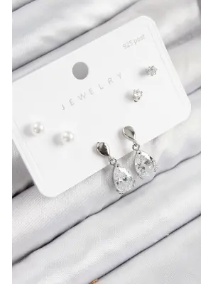 Pirinç Zirkon Taşlı Sallantılı Damla Model Gümüş Renk 925 Ayar Gümüş Çivi Kadın Küpe Set