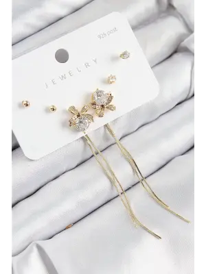 Pirinç Zirkon Taşlı Sallantılı Fiyonk Model Gold Renk 925 Ayar Gümüş Çivi Kadın Küpe Set